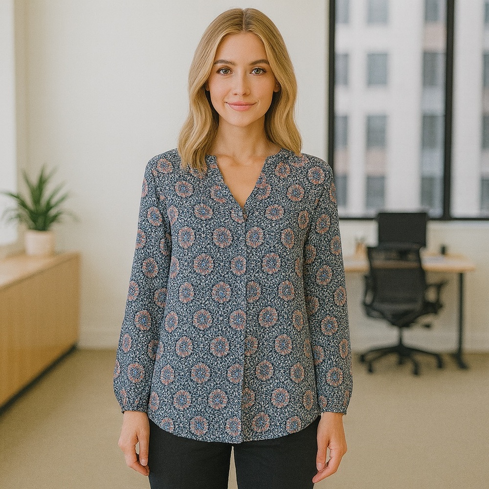 NEW Tahari Blue and Red Geometric Floral Blouse Artsy Career Bohemian Peasant 3X